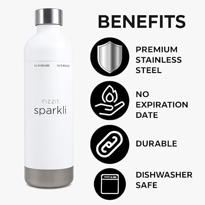 Stainless Steel Carbonation Bottle and Water Bottle | Compatible With Philips Carbonation Soda Maker and Aarke Soda Makers, Dishwasher Safe (SSB-W)