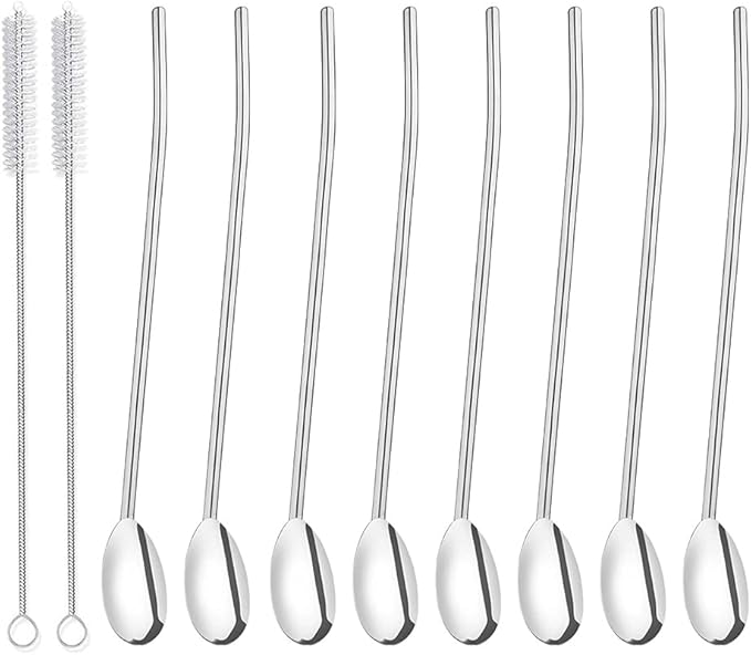 8Pcs Stainless Steel Straws Spoons, Reusable Metall Straws Spoon with 2 Cleaning Brushes,2 in 1 Snow Cone Straws Drinking Reusable Stainless Steel Ice Tea Long Spoons Straws for Cocktail Milkshake
