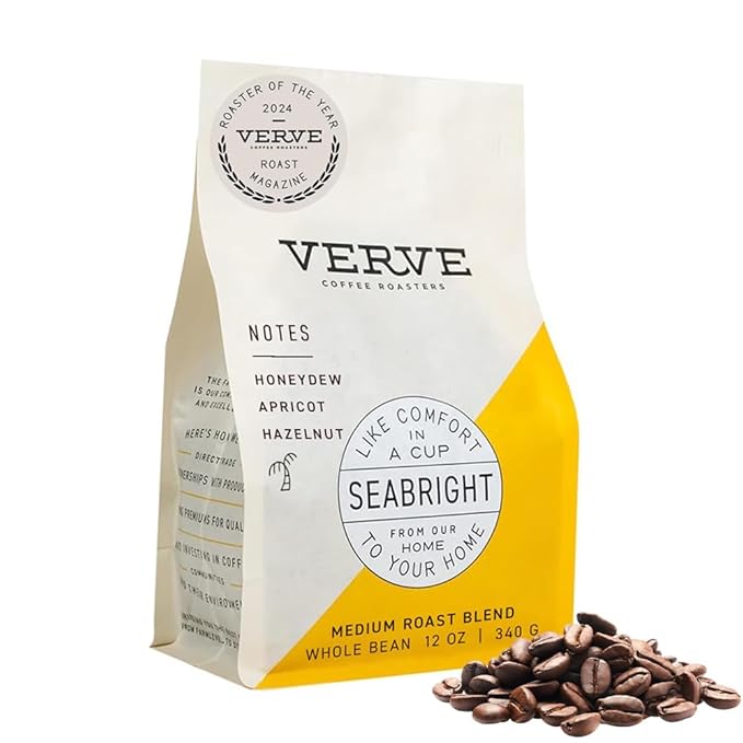Verve Coffee Roasters Whole Bean Coffee Seabright House Blend | Medium Roast, Brewed or French Press, Direct Trade, Resealable Pouch | Enjoy Hot or Cold Brew | 12oz Bag