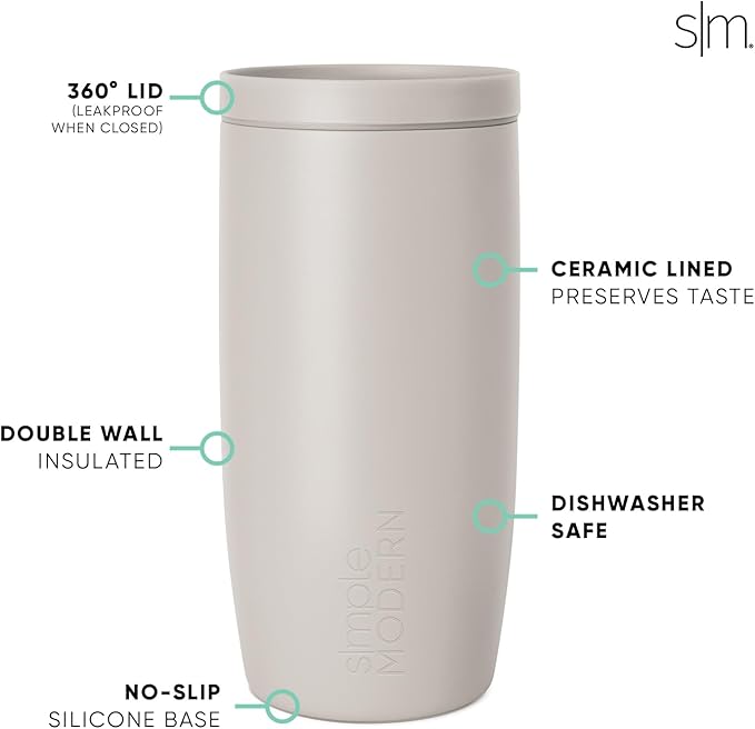 Simple Modern Travel Coffee Mug Tumbler with 360° Lid | Ceramic-Lined Insulated Stainless Steel Cold Brew Iced Coffee Cup Thermos | Gift for Women Men Her Him | Voyager Signature | 16oz | Almond Birch