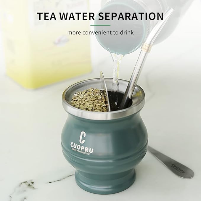 Stainless Steel Yerba Mate Cup and Set - 6.7 oz, Army Green, Modern Design