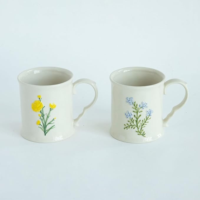 2 Pack Floral Ceramic Coffee Mugs - Yellow and Blue Flowers, Hand-Painted, Microwave & Dishwasher Safe, Ideal for Cappuccino, Tea, Hot Chocolate