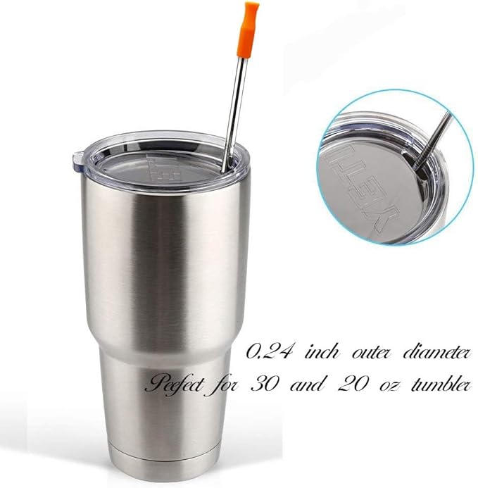 Stainless Steel Metal Straws with Silicone Tips Set of 10 Straight Reusable Drinking Straws for 20oz 30oz Tumblers (10.5'' L 0.24''Dia Staw + 2 Brushes)
