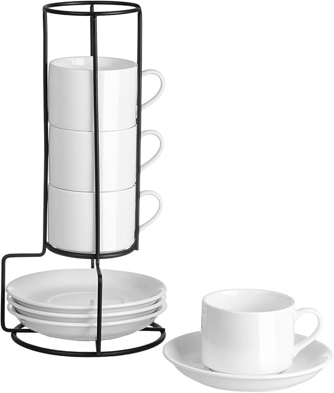 4oz Porcelain Stackable Espresso Cups with Saucers and Metal Stand Set of 4, Stackable Cappuccino Cups, White Expresso Shots Cup Set for Coffee Drinks, Latte, Americano, Tea