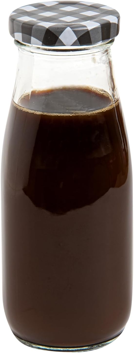 Restaurantware French Countryside 11 Ounce Glass Bottles 10 Durable Juice Bottles - With Black Plaid Lid Dishwashable Clear Glass Countryside Bottles For Hot And Cold Beverages