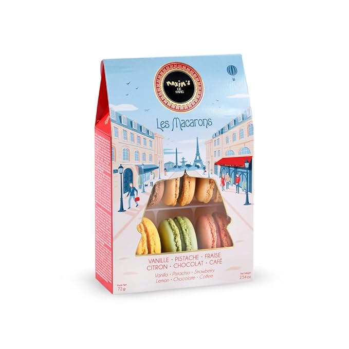 Maxim's De Paris - Macaron Gift Box, Gift box, 6 French Macarons Cookies, Strawberry, Vanilla, Coffee, Pistachio, Lemon, Chocololate.