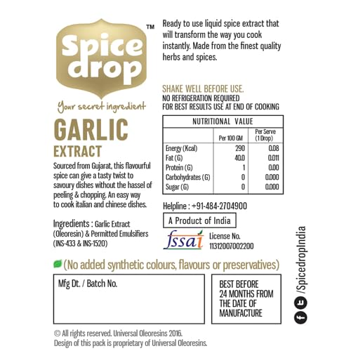 Spice Drop Pure Garlic Extract - Salad Dressing, Seasoning, Cooking, Baking, Dips | Premium Quality & High Aroma | Whole Garlic Pods Extract | No Added Color or Preservative | 0.17 Oz (Pack of 1)