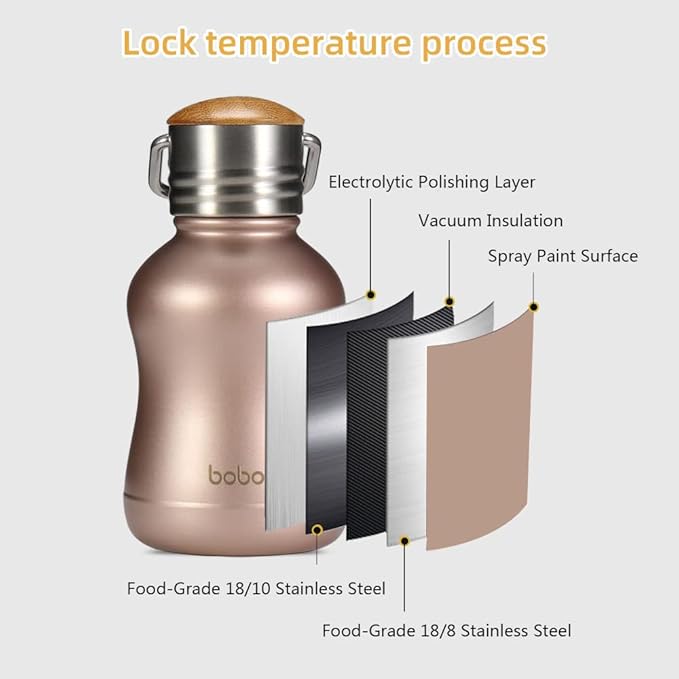 YOHKOH Mini Vacuum Insulated Water Bottle With Bamboo Lid - Stainless Steel Thermos Water Bottle for Women Girls Kids, Metal Sports Hot and Cold Water Bottle Leak-Proof BPA-Free (6.4oz,Gold)