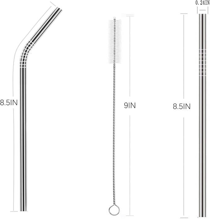 wholesale 25 Piece Set Stainless Steel Straws Long 8.5 Inch Drinking Metal Straws Reusable Drinking Straws for 20 OZ (10 Straight | 10 Bent | 5 Brushes)