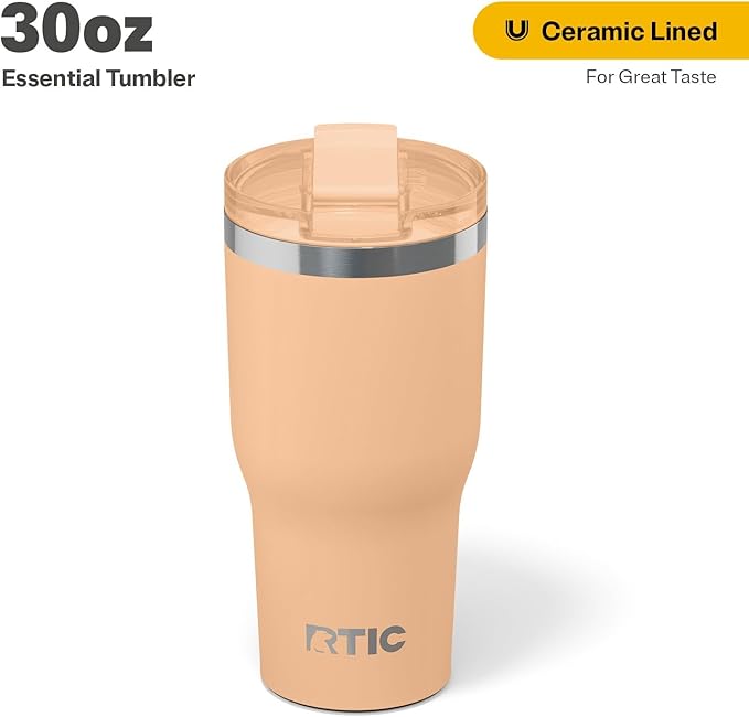 RTIC 30oz Essential Tumbler with Lid, Insulated, Stainless Steel, Metal, Double Wall Vacuum-Insulation, Ceramic Lined, Travel Cup for Iced Coffee, Tea, Hot and Cold Drink, Peach Tea