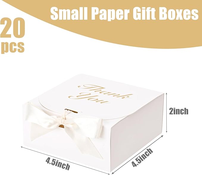 VGOODALL 20PCS Thank You Gift Boxes, 4.5x4.5x1.9Inches Mini Party Favor Boxes White Treat Bags with Bow Ribbon for Wedding Bridal Baby Shower Birthday Party