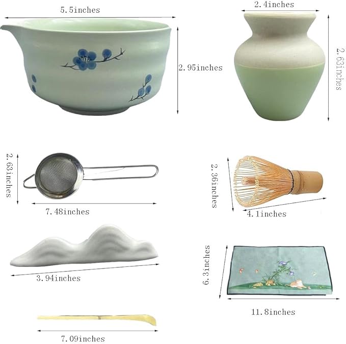 matcha whisk set, including matcha bowl, matcha whisk and stand, sieve, spoon, cloth mat, gift for matcha set(Light green)