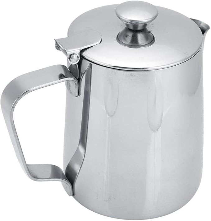 Stainless Steel Coffee Cup Mug Milk Frothing Pitcher Jug with Lid for Latte Coffee Art for Office Kitchen with handle(350mL)
