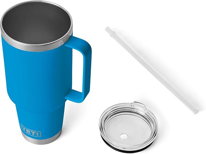 YETI Rambler 42 oz Tumbler with Handle and Straw Lid, Travel Mug Water Tumbler, Vacuum Insulated Cup with Handle, Stainless Steel, Big Wave Blue
