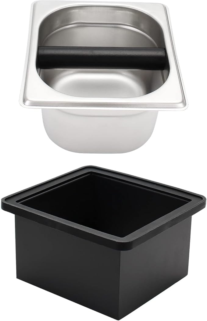 Espresso Knock Box,Stainless Steel Coffee Pucks Container, with Steel Holder and Noise Reduction Rubber Ring (7.28 x 6.8 x 4.25 inch)