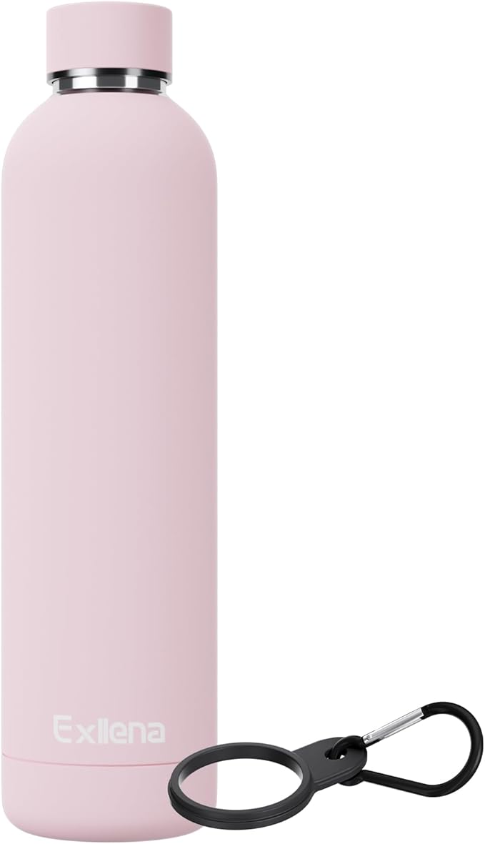 Slim Insulated Water Bottles for Travel 32oz with Clip, Double Wall Vacuum Stainless Steel Water Bottle Keeps Drinks Cold 24 Hrs/Hot 12 Hrs, 100% Leakproof, BPA Free(Pink)