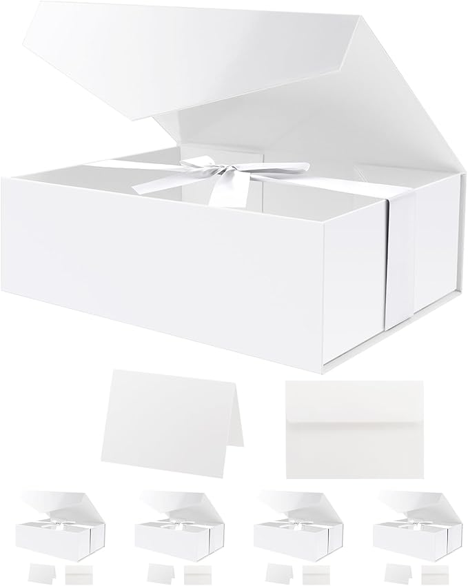HAPPY POTATO 5 White Gift Boxes with Lids and Ribbon 11.5x8.1x3.8 Inches, Bridesmaid Proposal Boxes, Large Magnetic Gift Boxes for Presents (Glossy White, Pack of 5)