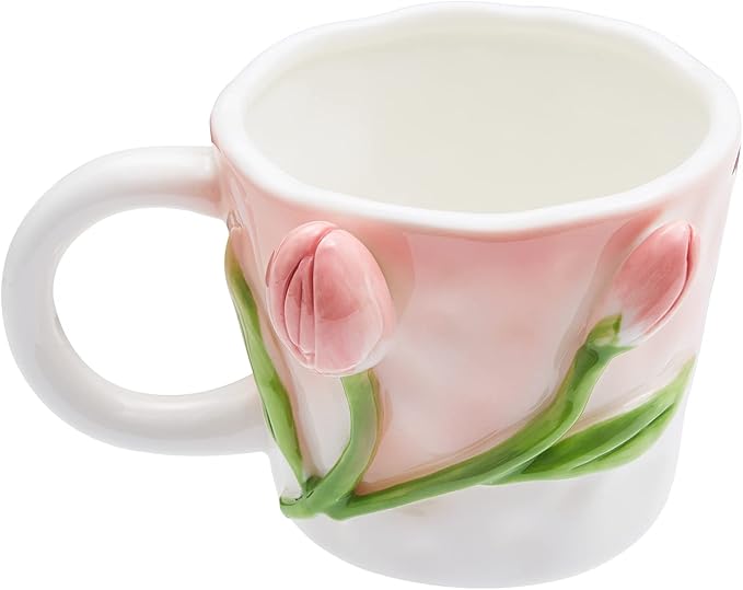 3D Flower Coffee Mug Pink Tulip Ceramic Cup,12 oz Cute Handmade Mugs,Christmas Birthday Surprise for Friends Family or Flower Lovers (Pink Tulip)