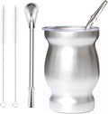Beruth Bombilla Yerba Mate Gourd, 8oz Stainless Steel Tea Cup Set with Lid, Two Straws and Cleaning Brushes, Double Walled Coffee Mug Heat Insulation Anti Scalding （Bright Silver）