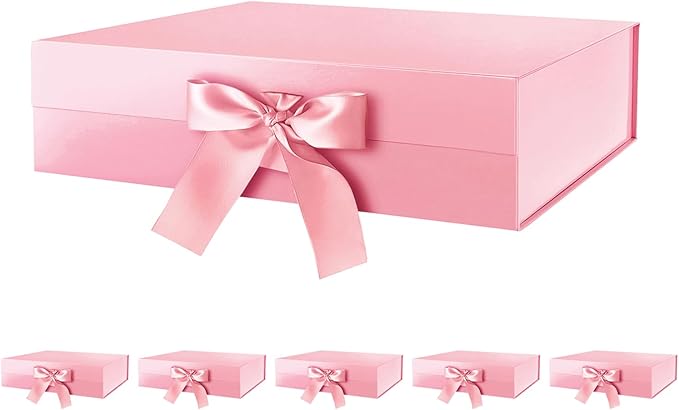 HAPPY POTATO 6 Large Gift Boxes for Presents with Lids 13.5x9x4.1 Inches, Pink Gift Boxes with Ribbon, Bridesmaid Proposal Boxes, Magnetic Gift Wrap Boxes for Wedding (Glossy Pink, Pack of 6)