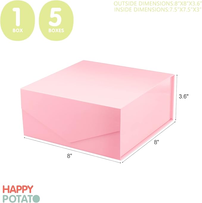 HAPPY POTATO 5 Packs Gift Boxes 7.5x7.5x3 Inches, Pink Gift Boxes with Lids, Bridesmaid Proposal Boxes, Square Gift Boxes, Magnetic Gift Boxes for Presents (Glossy Pink, Pack of 5)