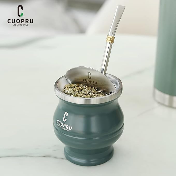 Stainless Steel Yerba Mate Cup and Set - 6.7 oz, Army Green, Modern Design