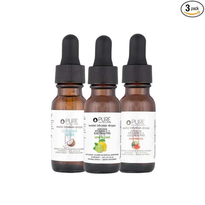 Pure Inventions - Coconut Water, Lemon Lime & Watermelon Water Infusion Drops - Antioxidants, Vitamin C & Electrolytes - Health & Wellness - Immunity Support -Sugar Free, Zero Calorie -12 Servings ea.