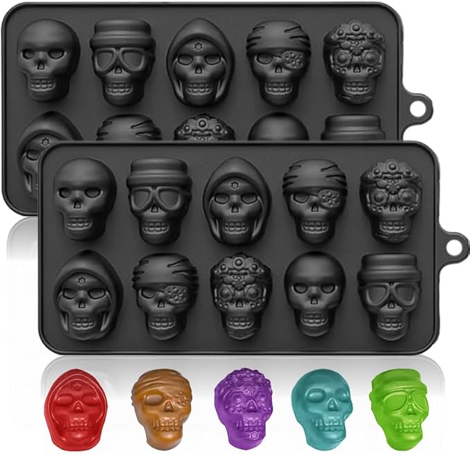 10 Cavity Skull Chocolate Molds,Halloween Silicone Skull Candy Mold for Jelly Crayon Resin, Pack of 2