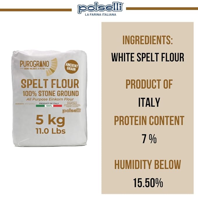 Polselli 100% Stone Ground Spelt (Farro) Flour – 5kg / 11 lb – Ancient Whole Grain, High Protein, All-Purpose for Bread, Pizza, Pasta & Pastries – Imported from Italy