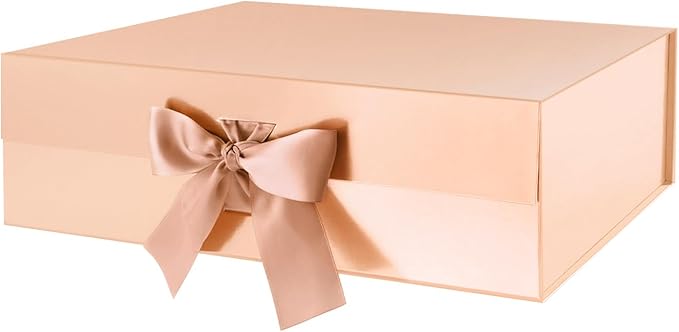 HAPPY POTATO Large Gift Box with Lid and Ribbon 13.5x9x4.1 Inches, Bridesmaid Proposal Boxes, Rose Gold Gift Boxes for presents (Glossy Rose Gold)