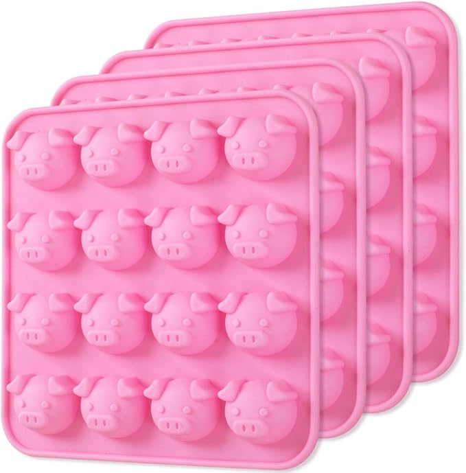 Newk Piggy Chocolate Silicone Mold, 4 Packs 16- Cavity Pig Face Emoticons Piglet Candy Molds for Jelly, Fondant, Hard Candy, Keto Fat Bombs, Resin