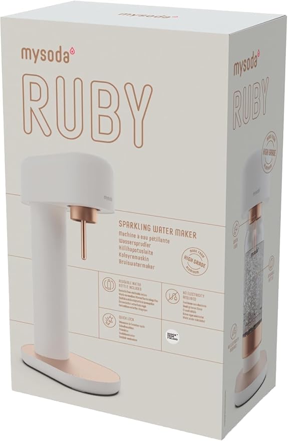 Mysoda Ruby 2 Sparkling Water Maker - Soda Streaming Machine Silent Carbonated Water Machine Robust Long-Lasting Aluminium Soda Maker 1L Water Bottle Without CO2 Cylinder - White Copper Soda Machine