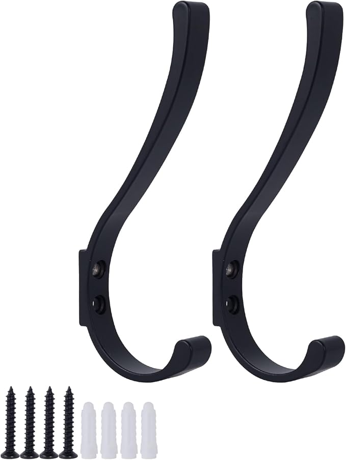 2 Pack Hanging Coat Hooks Wall Mount, Coat Hanger Wall Hangers, Metal Hooks for Hanging Heavy Duty, Screw in Hooks for Hanging Towels, Clothes, Backpack, Hat, Bag, Jacket, Key, Robe, Backpack Black