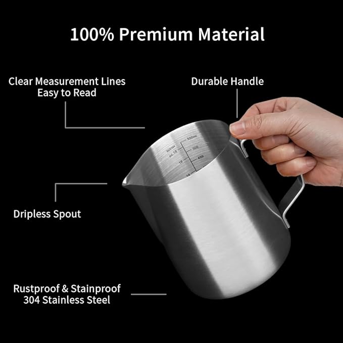 watchget Stainless Steel Milk Frothing Pitcher 20oz/600ml - Espresso Steaming Pitcher for Cappuccino, Latte Art, Coffee Machine Accessories Milk Jug Coffee Frother Cup, Matt Silver