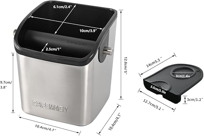 Coffee Knock Box Espresso Accessories - Home Use Small Coffee Grounds Puck Knock Box Stainless Steel with Tamping Mat for Espresso Machine