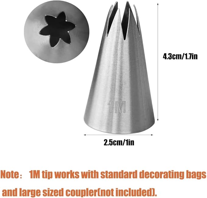 1M Open Star Piping Tip,1M Icing tip for Cake Decorating,6 Pcs Large 1M Tip,Stainless Steel
