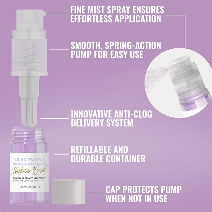 Bakell - Lilac Purple Tinker Dust (4g, 1x Mini Spray Pump) Edible Glitter for Food, Desserts, and Beverages!