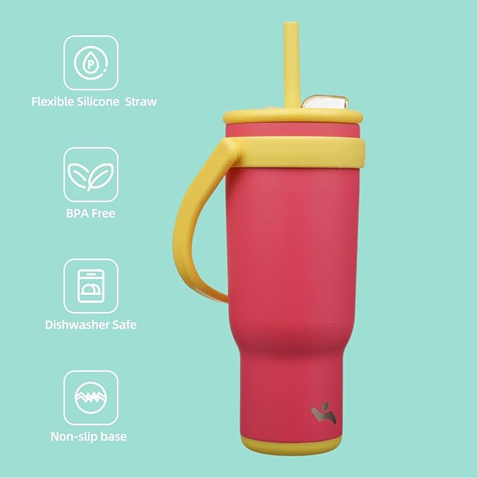 40 oz Tumbler with Side Handle, Insulated Water Bottle with Straw and 2 in 1 Lid, Stainless Steel Cup Travel Coffee Mug for Sports Office Gym,Rose Pink