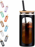 Kodrine 20oz Glass Water Tumbler with Straw and Lid, Bamboo Lids Water Bottle, Iced Coffee Cup Reusable, Wide Mouth Smoothie Cups with Protective Silicone Sleeve BPA FREE-Black