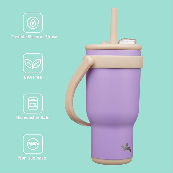 30 oz Tumbler with Side Handle, Insulated Water Bottle with Straw and 2 in 1 Lid, Stainless Steel Cup Travel Coffee Mug for Sports Office Gym,Purple
