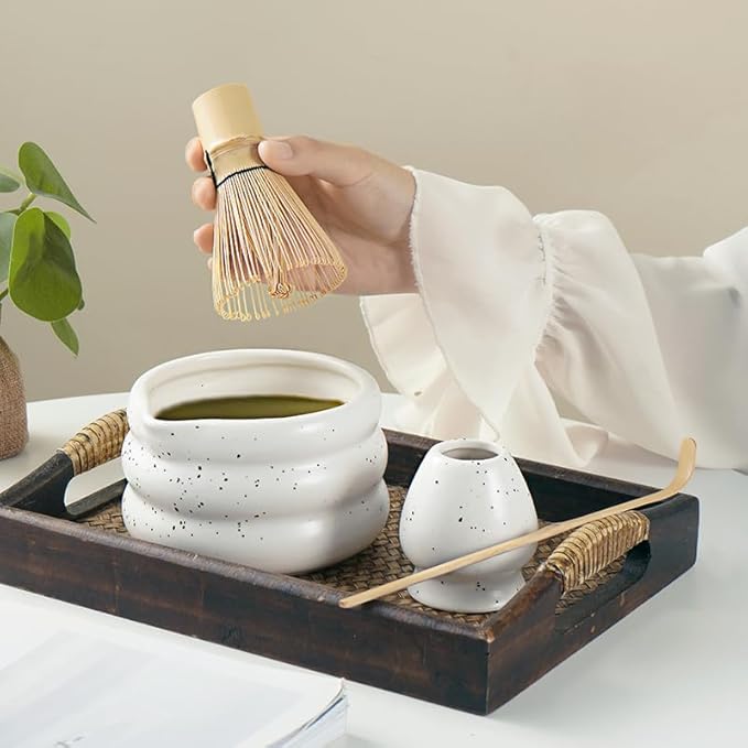 7-piece matcha kit includes matcha bowl. white speckled matcha tea set with bamboo whisk -, sifter, scoop, stainless steel filter, tea caddy, cloth & gift box - for matcha green (7)