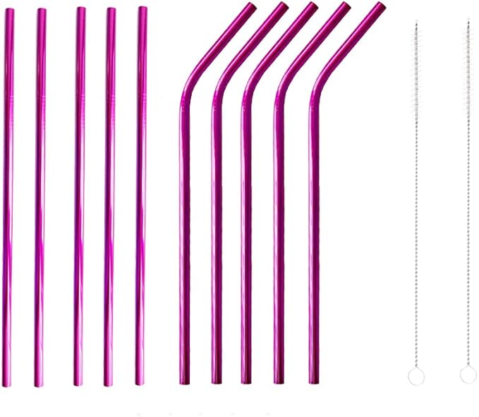10 Pcs Stainless Steel Straws, Reusable Drinking Straws, 5 Straight + 5 Bent Metal Straws Set With 2 Pcs Cleaning Brushes (Rose Red, 10.5 Inch)