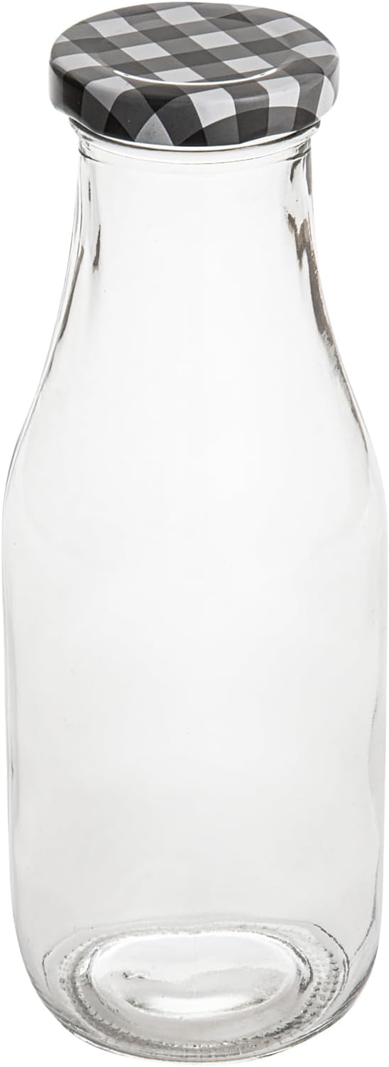 Restaurantware French Countryside 15 Ounce Glass Bottles 10 Durable Juice Bottles - With Black Plaid Lid Dishwashable Clear Glass Countryside Bottles For Hot And Cold Beverages