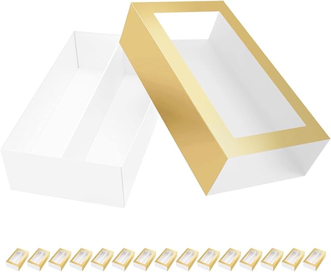 Macaron Boxes - 15 Gold Macaron Gift Boxes with Clear Window, Interior 7.3x4.2x1.9 Inches