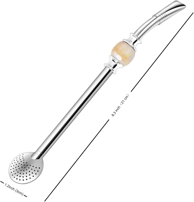 Reusable Bombilla Yerba Mate Straw - Stainless Steel Removable Spoon Style Filter with a Beautiful Bead - Metal Straw for Drinking Loose Leaf Tea, Coffee, Cocktails - Includes Cleaning Brush by Beruth