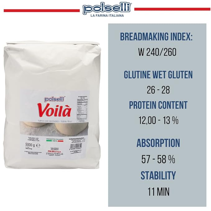 Voila, Table and Dusting Flour, Soft Wheat, Pizza, Baking, Pasta, Italy, Spolvero, All Natural, Non GMO, Not Bleached(5 kg) 11 lbs Polselli