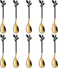 AnSaw Elegant Black & Gold Leaf Espresso Spoons - 10-Piece, 4.7" Mini Stainless Steel Coffee & Dessert Tea Spoons, Perfect for Demitasse & Small Servings