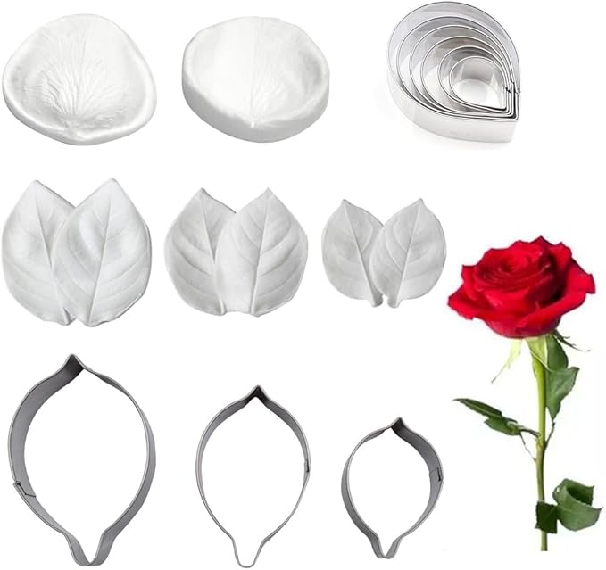 AK ART KITCHENWARE Silicone Veiner Stainless Steel Fondant Cutter Set for Gum Paste Flower Leaf Sugar Craft Tools Cake Decorating Supplies Silicone Veining Molds Moulds for Wedding with Christmas Box