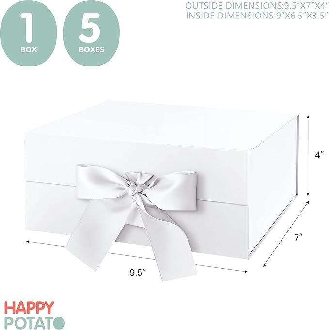 HAPPY POTATO 5 Gift Boxes with Lids 9x6.5x3.8 Inches, White Gift Boxes for Presents, Magnetic Closure Gift Boxes with Lids (Glossy White, Pack of 5)