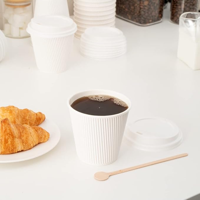 Restaurantware 8 Ounce Double Wall Disposable Coffee Cups, 500 Insulated White Paper Tumblers with Ripple Wall Design, Lids Sold Separately for Hot Drinks like Tea, Hot Chocolate, and More